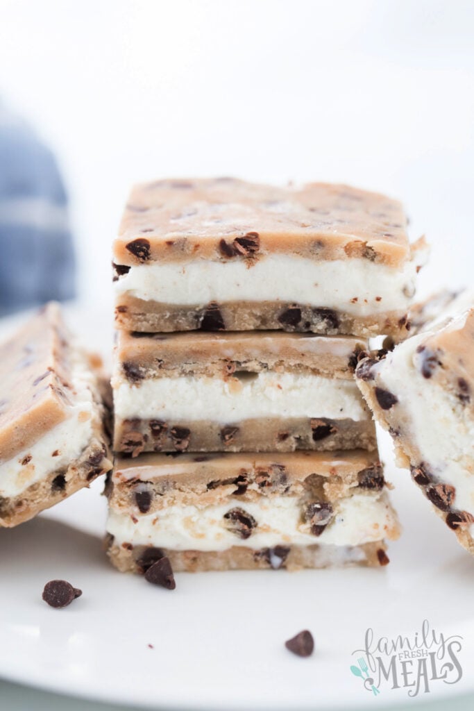 Cookie Dough Ice Cream Sandwiches stacked on a plate