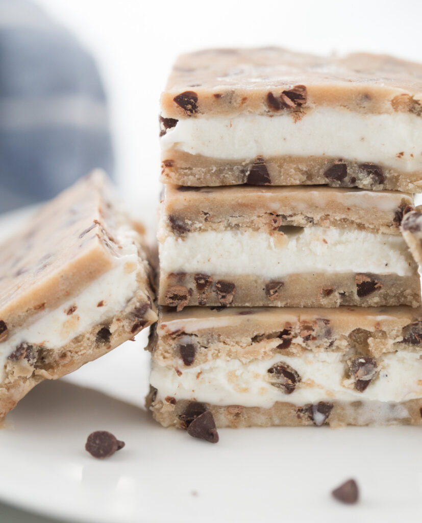 Cookie Dough Ice Cream Sandwiches stacked on a plate