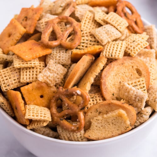 Dill Pickle Chex Mix in a bowl