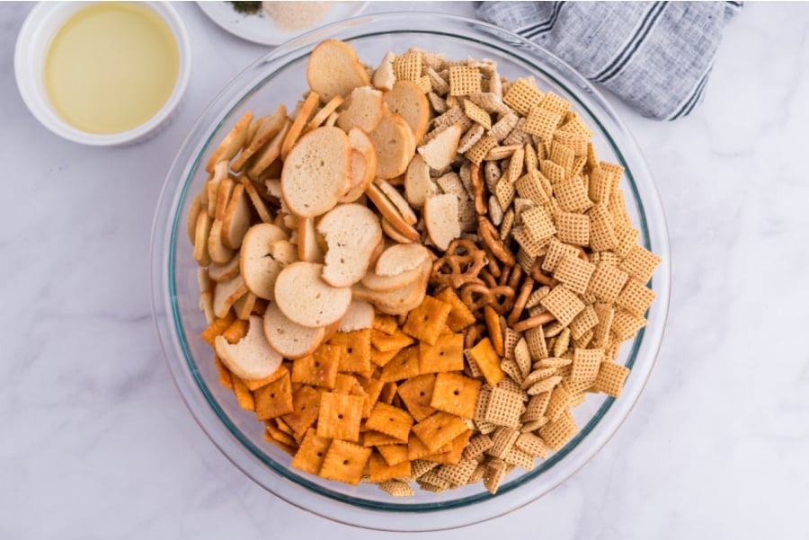 chex mix ingredients in a large mixing bowl