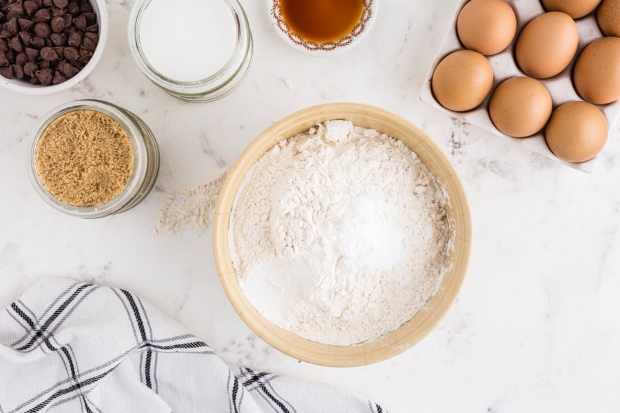 flour, salt, and baking soda in a mixing bowl