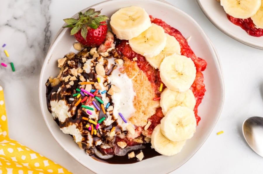 Banana Split Dump Cake on plate