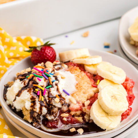 Banana Split Dump Cake on plate