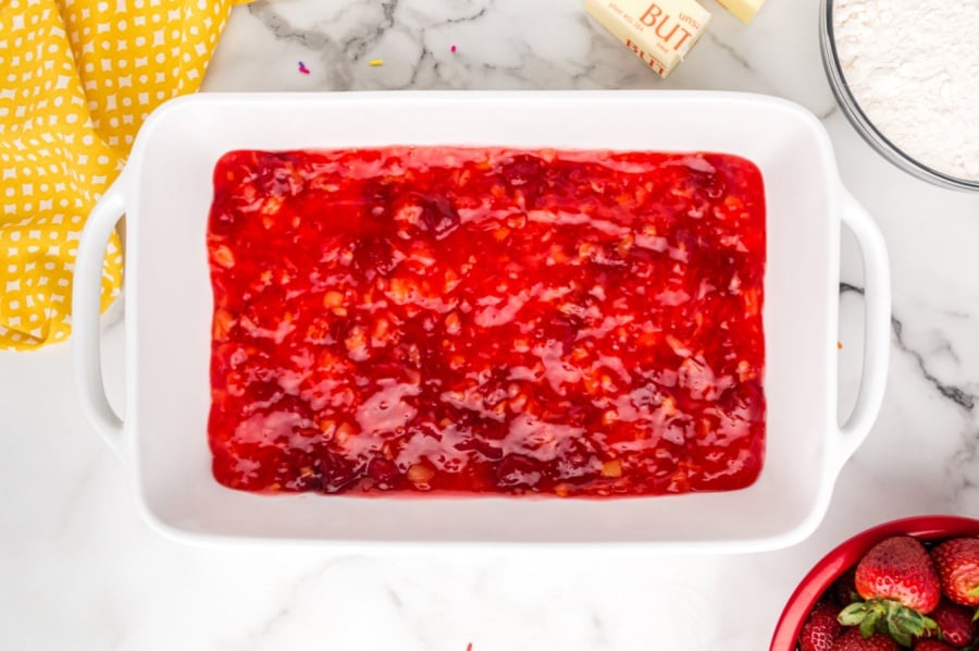 fruit mixture added to a baking dish