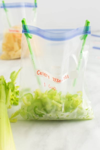 Chopped celery in a storage bag