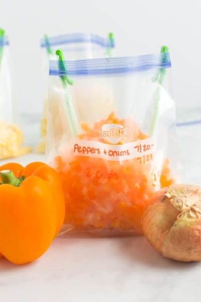 Chopped peppers and onions in storage bag