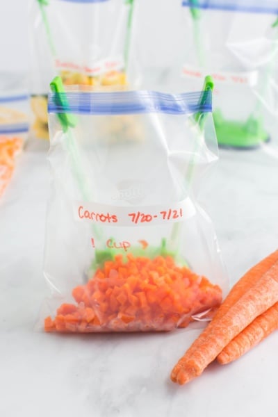 chopped carrots in a storage bag