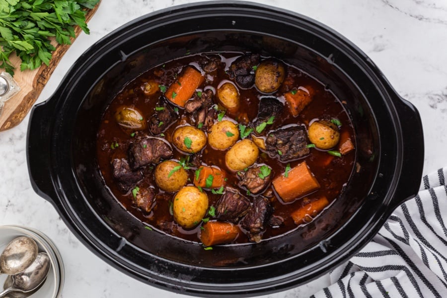 Crockpot Beef Bourguignon in slow cooker