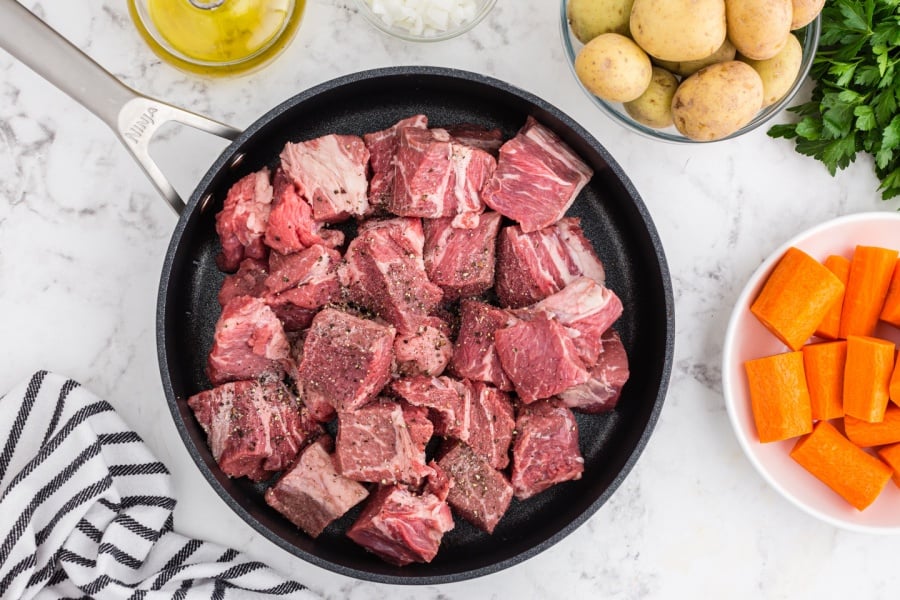 chunks of beef in a pan