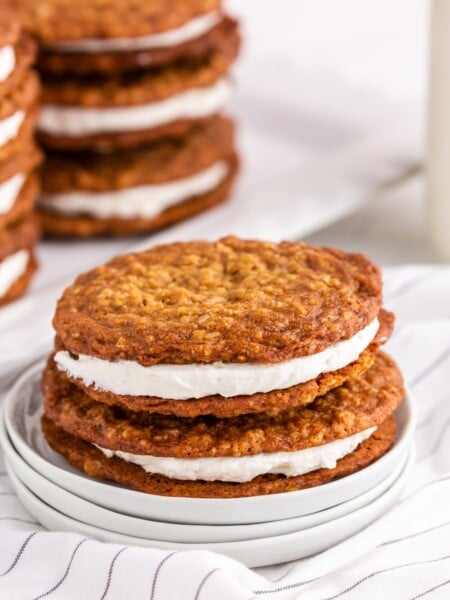 Homemade Oatmeal Pies stacked on plate
