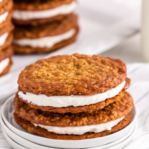 Homemade Oatmeal Pies stacked on plate