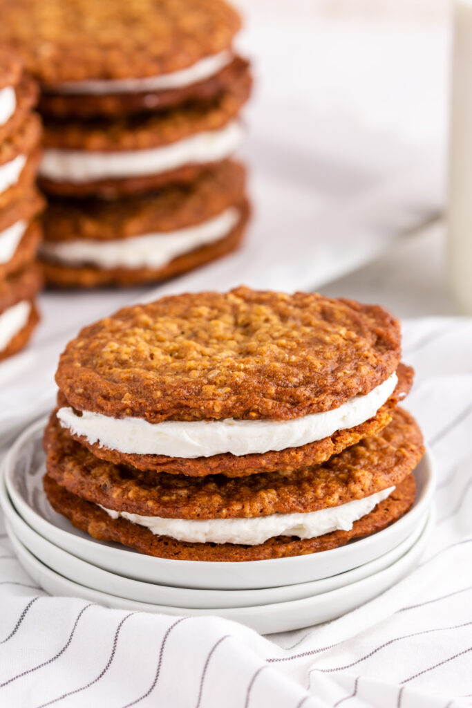 Homemade Oatmeal Pies stacked on plate