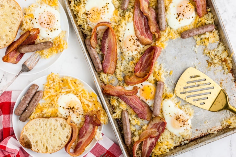 Sheet Pan Breakfast on a baking sheet and plates with a serving on each
