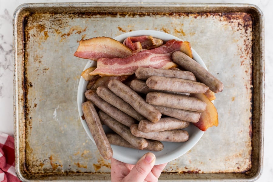 sausage and bacon in a bowl