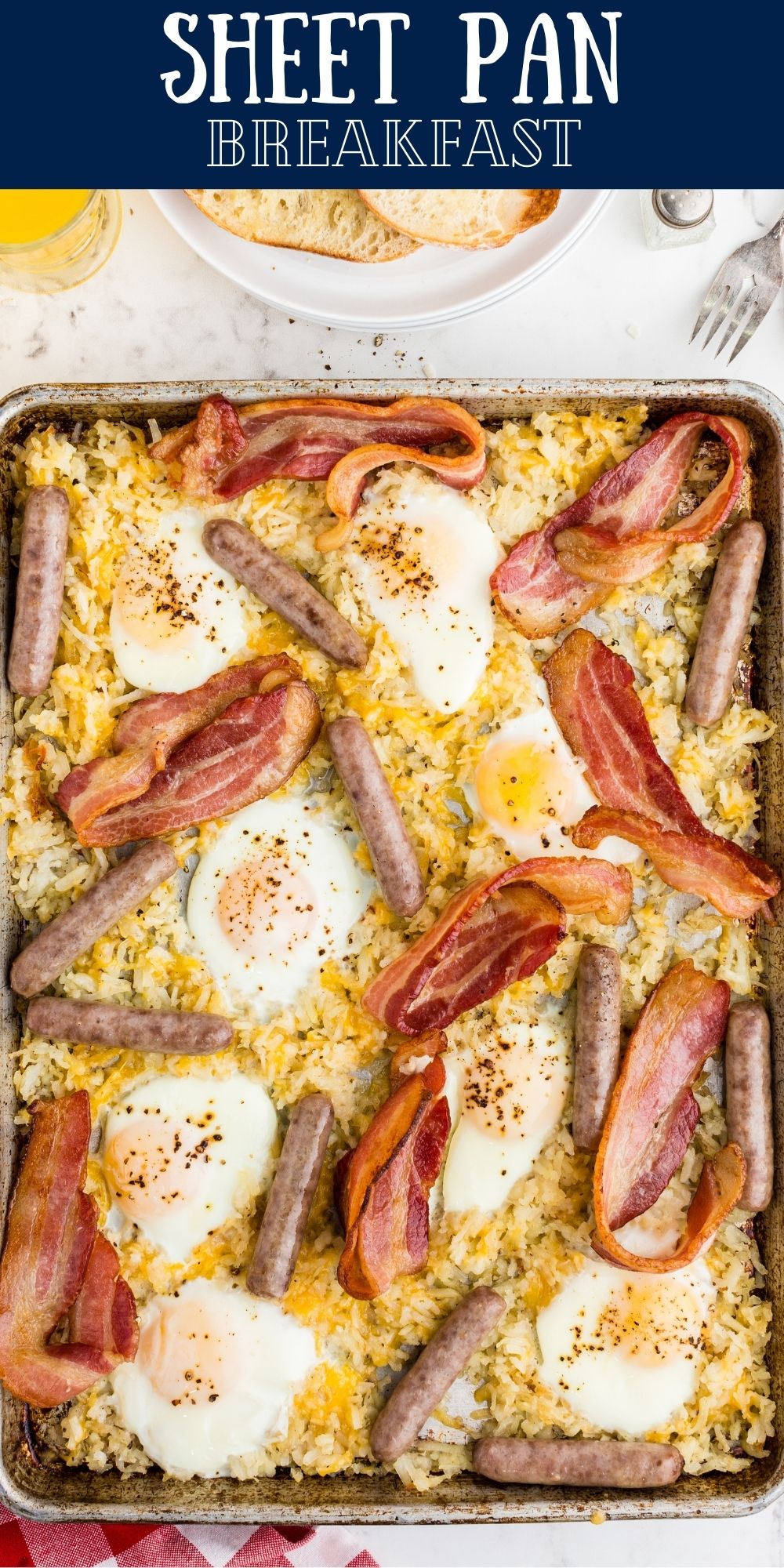My Sheet Pan Breakfast is a fun one-pan breakfast meal with eggs, cheesy hash browns, sausage and bacon. The perfect weekend breakfast! via @familyfresh