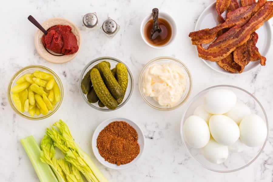 ingredients for Bloody Mary Deviled Eggs