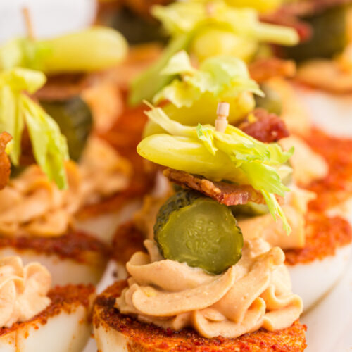 Bloody Mary Deviled Eggs on a platter