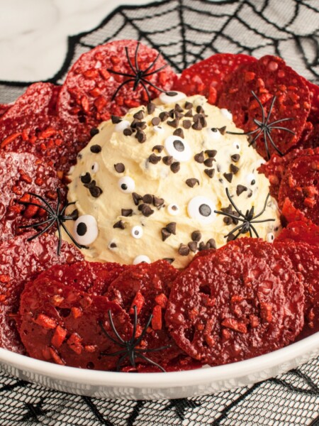 Halloween Spooky Cannoli Dip with Lace Cookies in a white platter