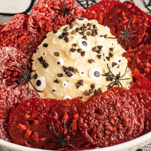 Halloween Spooky Cannoli Dip with Lace Cookies in a white platter