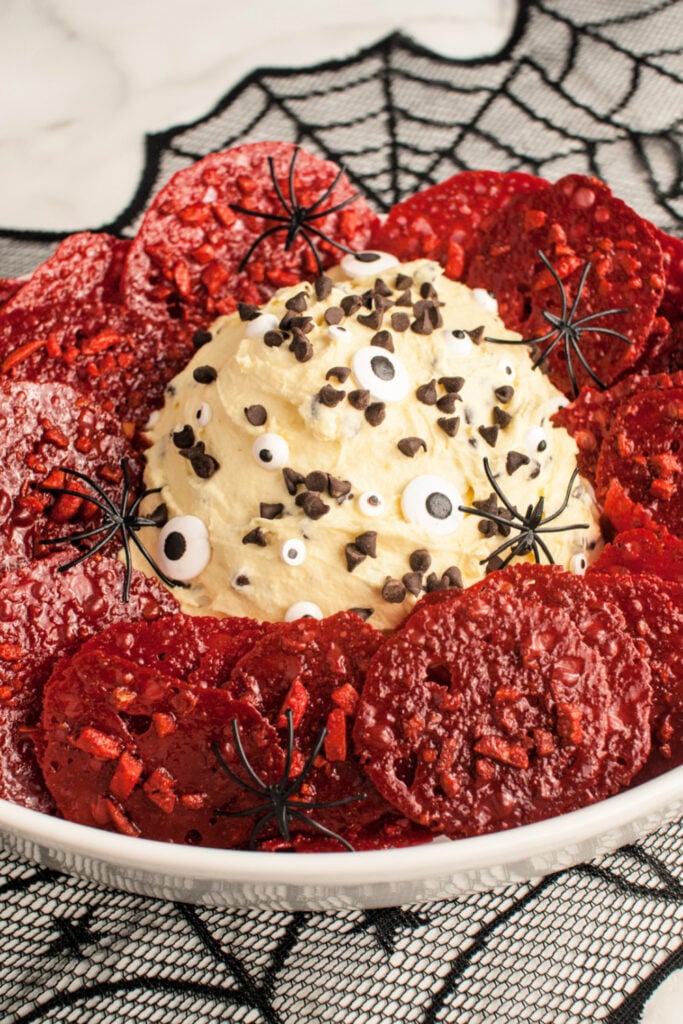 Halloween Spooky Cannoli Dip with Lace Cookies in a white platter