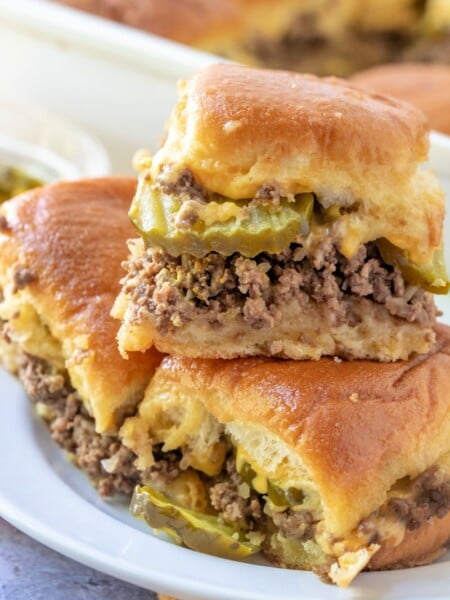 Maid Rite Sliders stacked on a plate