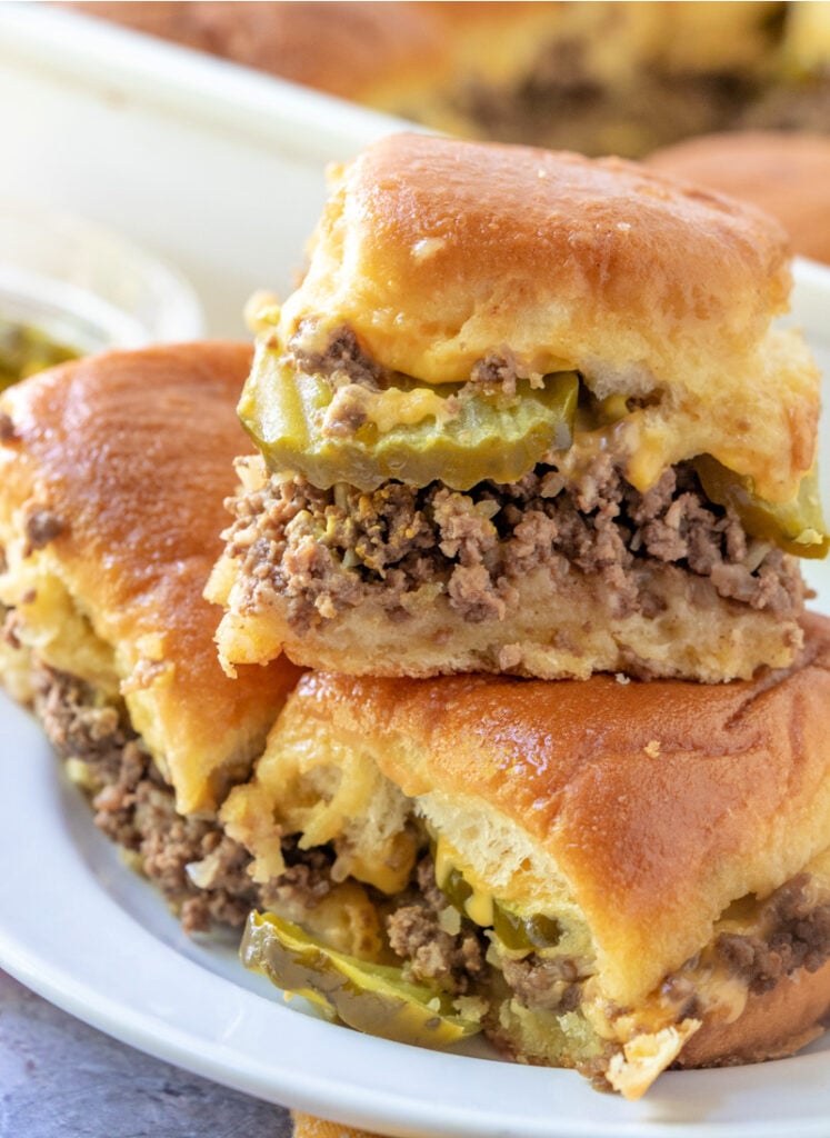 Maid Rite Sliders stacked on a plate