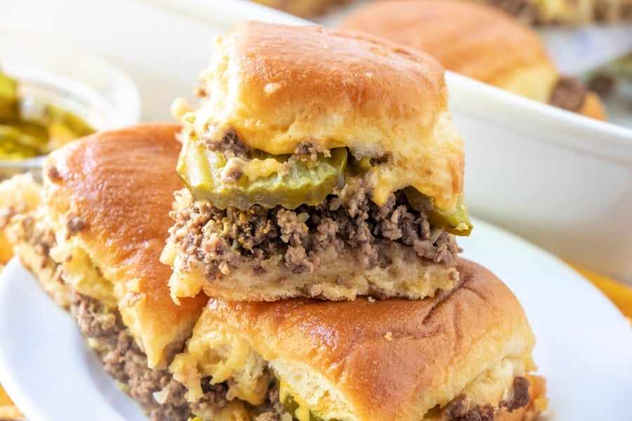 Maid Rite Sliders stacked on a plate