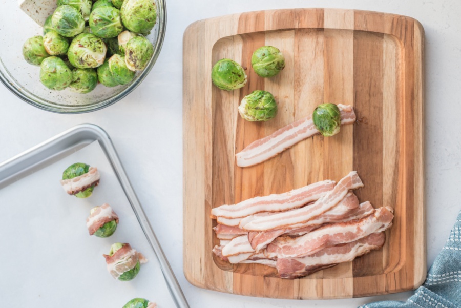 wrapping bacon around Brussels sprout