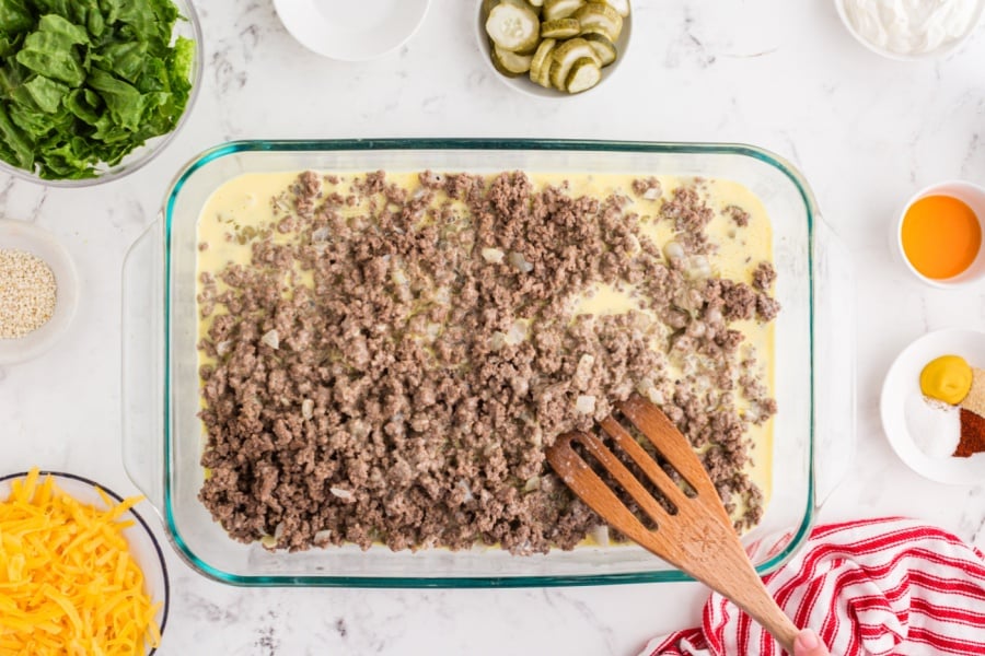 egg mixture poured over ground beef