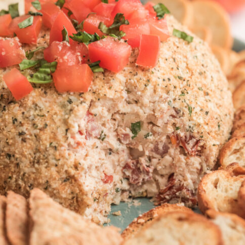 Bruschetta Cheese Ball on a plate with crackers