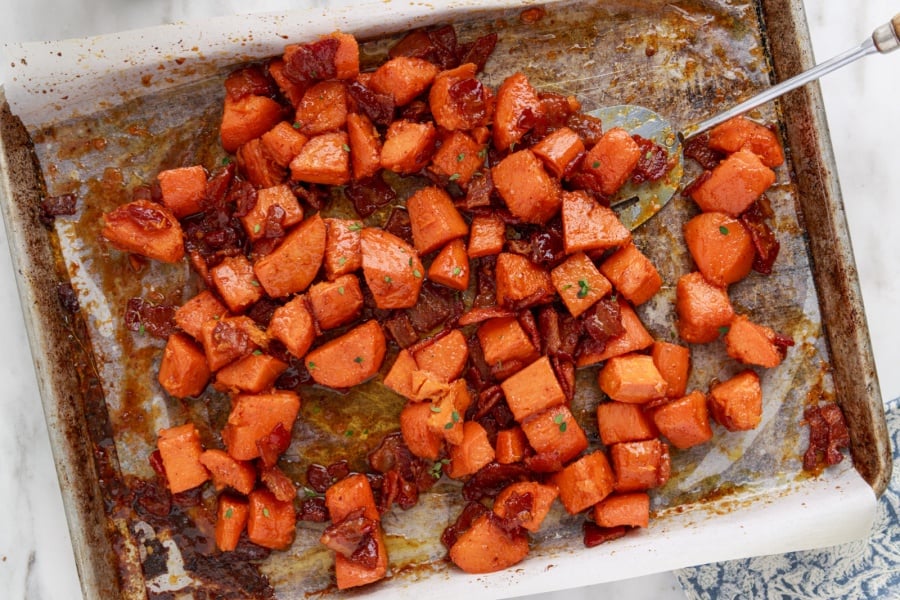 Candied Yams with Bacon on a sheet pan