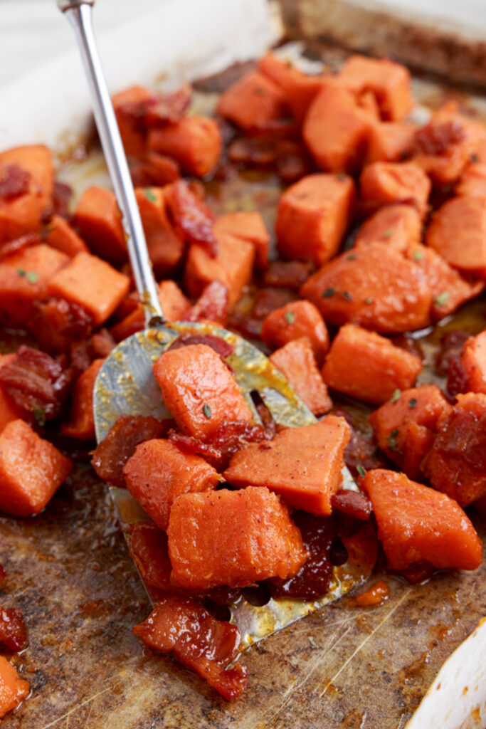 Candied Yams with Bacon on a sheet pan