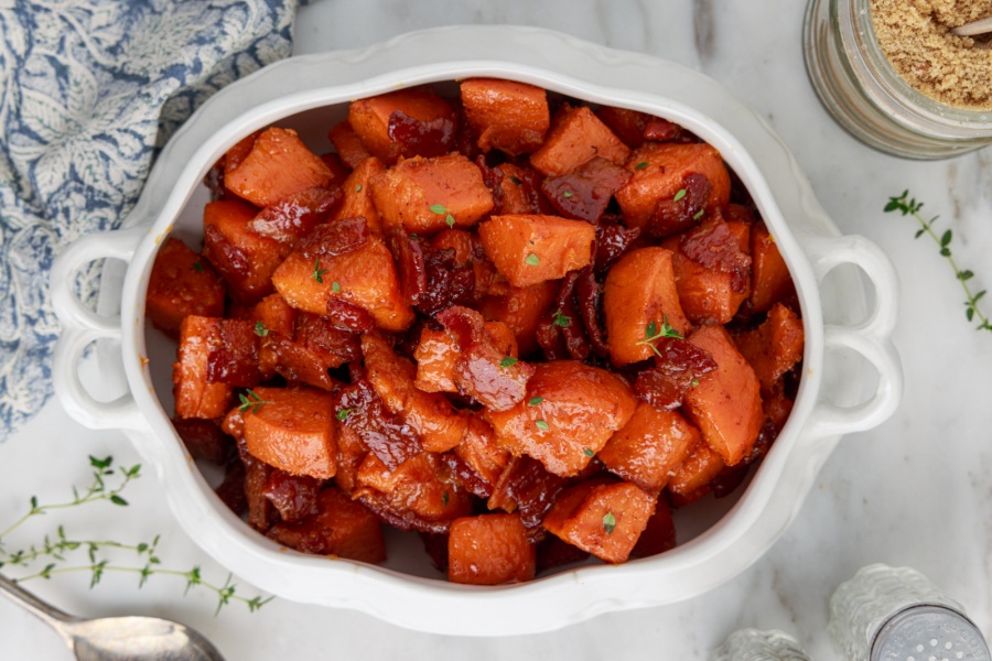 Candied Yams with Bacon in a serving dish