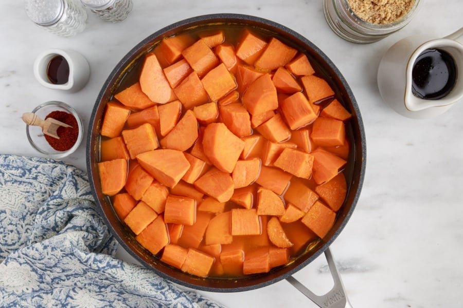 cubed yams in a pot