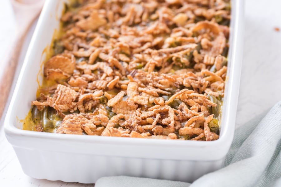 classic green bean casserole in baking dish