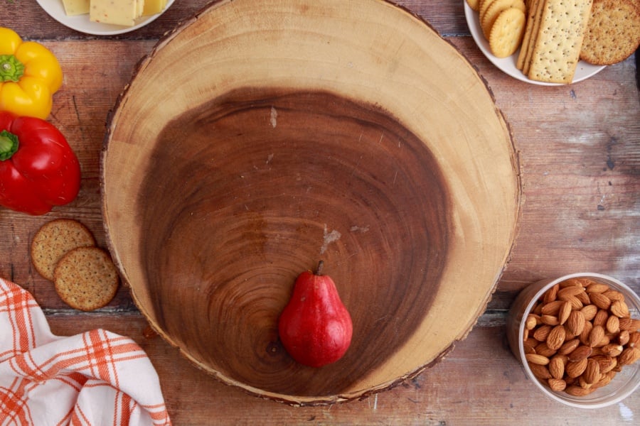 pear half placed in center bottom of platter