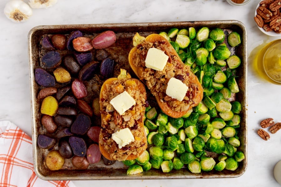potatoes, squash and Brussels sprouts on sheet pan