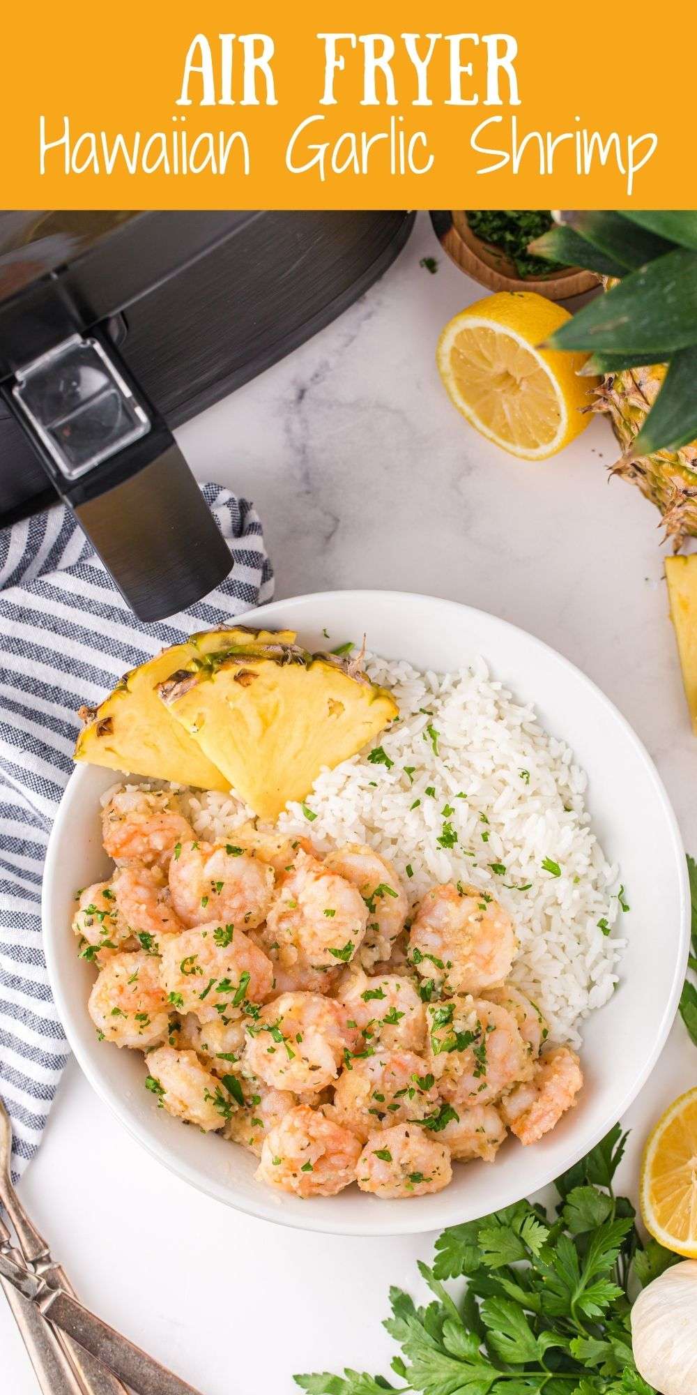 This Air Fryer Hawaiian Garlic Shrimp recipe is an incredibly quick, easy, and no-fuss method of achieving super tender shrimp via @familyfresh