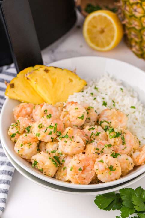 Hawaiian Garlic Shrimp In a bowl with rice