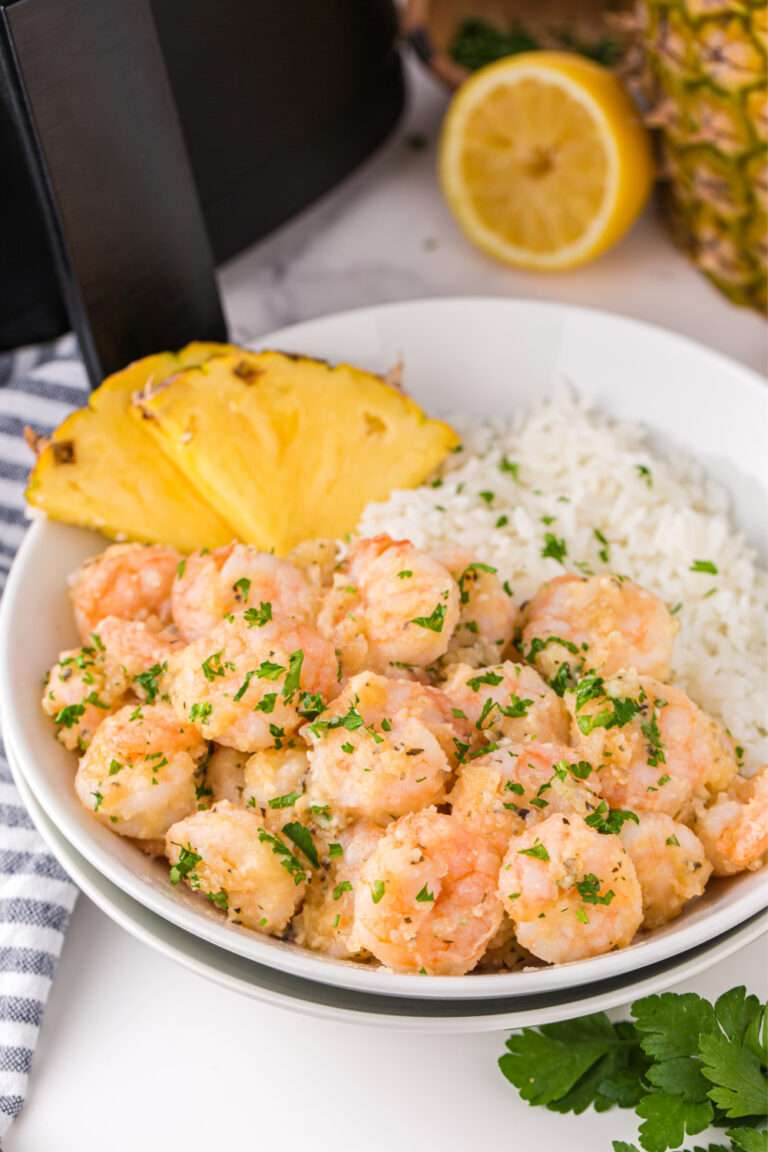 Hawaiian Garlic Shrimp In a bowl with rice