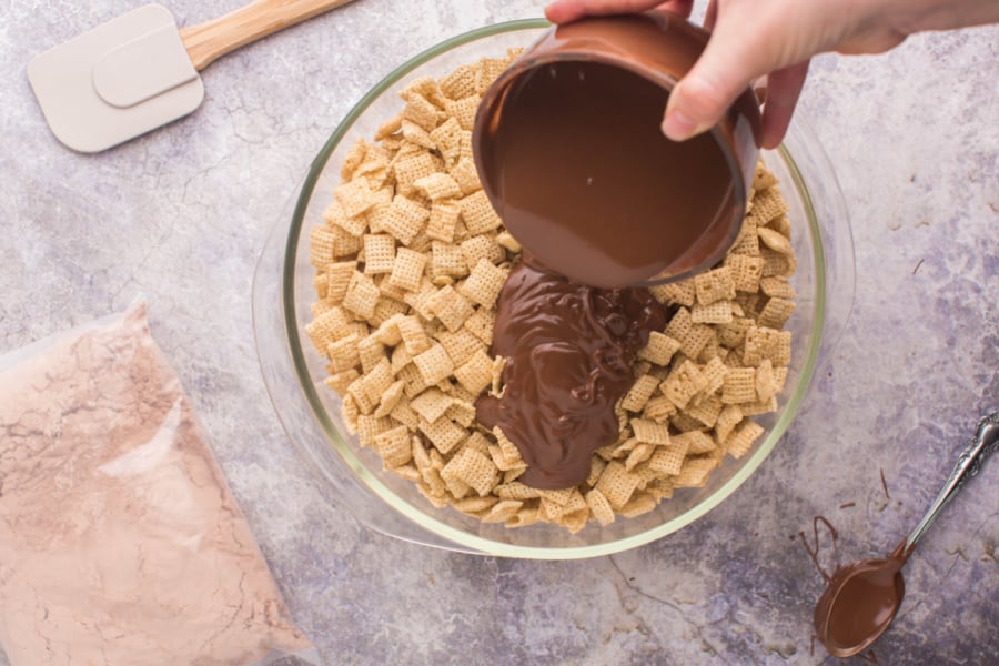 melted chocolate mixture poured over cereal