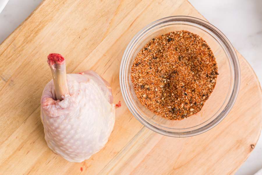 seasoning is small mixing bowl next to drumstick