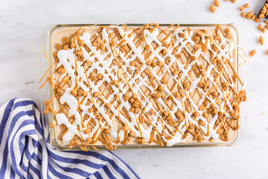 Fluffernutter Cheesecake Bars in baking dish