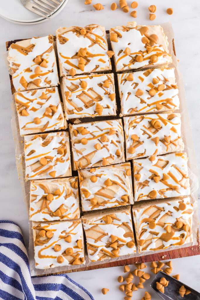 Fluffernutter Cheesecake Bars cut in to bars