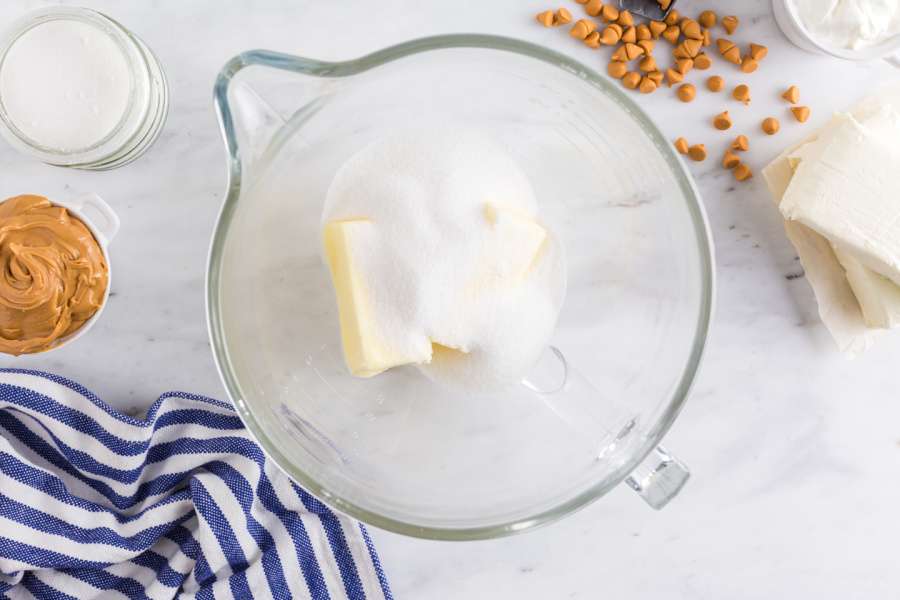 sugar and butter in mixing bowl