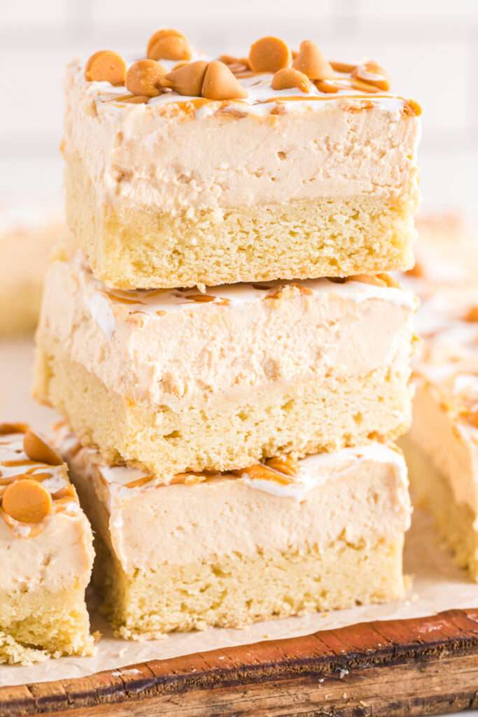 Fluffernutter Cheesecake Bars stacked on a plate