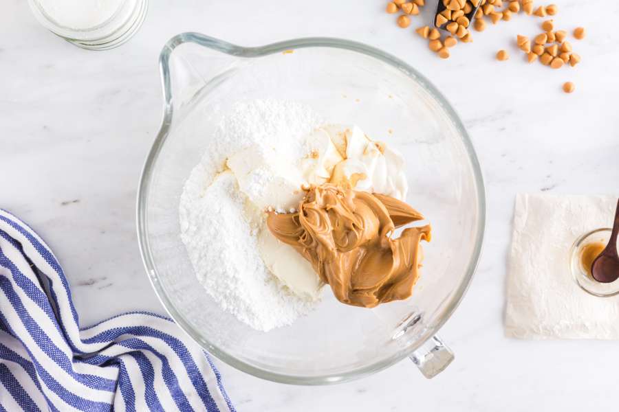 cream cheese, peanut butter, powdered sugar, vanilla extract, and sour cream in a mixing bowl