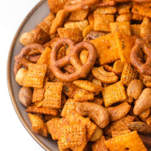 bowl of air fryer buffalo chex mix