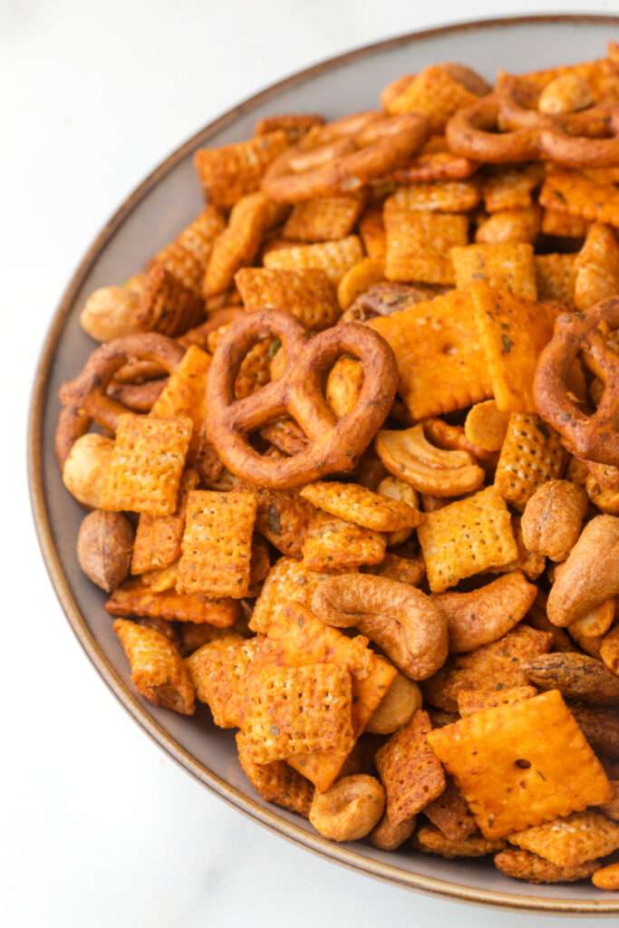 bowl of air fryer buffalo chex mix