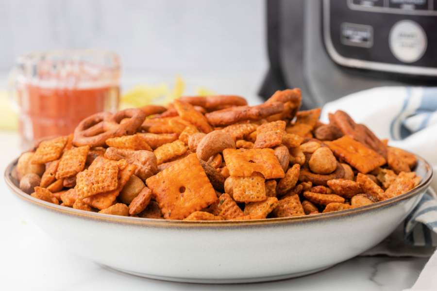 bowl of air fryer buffalo chex mix